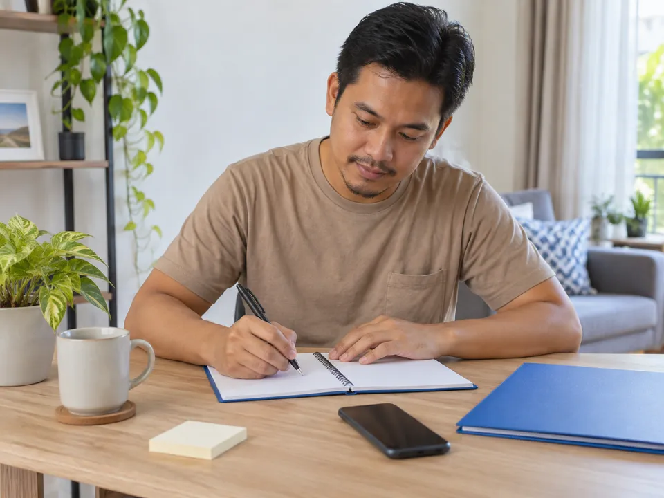 Ilustrasi pelanggan berbaju coklat muda menulis dalam buku nota kosong dengan folder biru di meja.