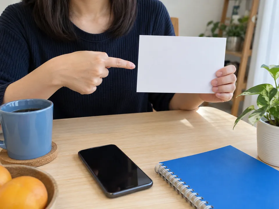 Ilustrasi pelanggan menunjuk kad nota kosong dengan buku nota biru dan telefon di meja.