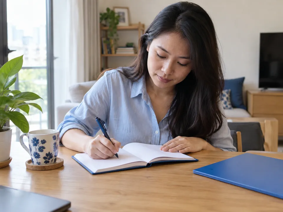 Ilustrasi pelanggan menulis dalam buku nota kosong dengan folder biru di meja rumah.